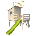 Maisonnette en bois verni sur pilotis avec toit plat et toboggan pour enfants – Portland - Marron