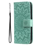 iPhone 15 Pro Max Skinn Deksel med Lommebok og Stropp - Mandala Blomst - Grønn