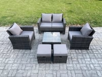 6 Seater Outdoor Garden Furniture High Back Rattan Sofa Set with Square Coffee Table 2 Small Footstools Dark Grey Mixed