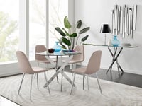 Novara Clear Tempered Glass 100cm Round Dining Table with Chrome Starburst Legs & 4 Corona Faux Leather Silver Leg Chairs