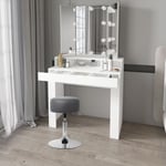 Coiffeuse Table de Maquillage Blanc 89,5x155x43,5 cm avec Miroir Pliable et Tabouret Gris Foncé, Guirlande Lumineuse led, Tiroir, 3 Compartiments de