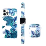Makzib Matching Case compatible with iPhone 11pro,Airpods case 1& 2 & pro 3 gen with Watch band.Marble design Thin slim Glossy 3 in 1 protective cases (38mm 40mm Airpods 1&2, Floral Blue)