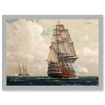 Painting Seascape Naval Diemer Ship At Sea Men O War Passing Artwork Framed Wall Art Print A4