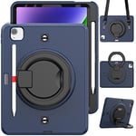 Case for iPad Pro 11 4th/3rd/2nd/1st Generation (2018/2020/2021/2022), 3-Layer Shockproof Protective Case with Pencil Holder, Rotating Ring Grip, Navy Blue/Black