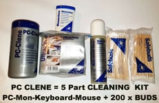 PC CLENE = 5 Part CLEANING KIT PC-Mon-Keyboard-Mouse + 200 x Bud sticks NEW