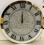 Biznest New Crushed Jewel Crystal Wall Clock Roman Number Glass Diamante Mirror Round Square (45x45cm)