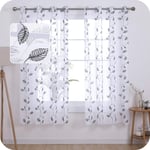 Amazon Brand - Umi Embroidered Leaves Pattern Sheer Curtains Eyelets Linen Effect Voile Curtains Super Soft Net Curtains for Living Room 55 x 54 Grey Two Panels
