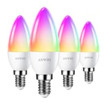 ANWIO E14 Candle Smart WiFi LED Bulb, C37 Dimmable RGB Bulbs,470Lm, 5W Replace 40 Watt Alexa Candle Light Bulb,Light Changing Bulb,Google Assistant,E14 Remote Control Bulb (4 Pack,Supports 2.4g WiFi)