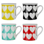 Premier Housewares, Mugs Set Of 4 Heart Graphic Large Mugs For Hot Drinks Bone China Mug Set Tea Cups Tea Mugs H 9 X W 12 X D 9 Cm