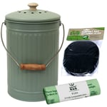 Sage Green – 7 Litre Metal Food Waste Bin & 25 Compostable Bags & 1 Filter Pack