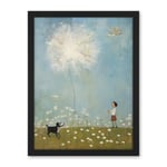 Artery8 Chasing the Giant Dandelion Dream Artwork Giant Wish Oil Painting Kids Bedroom Child and Pet Dog in Daisy Field Artwork Framed Wall Art Print 18X24 Inch