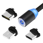 3 in 1 Magnetic Charging Cable, 1M Multi Magnetic Charger Cable Nylon Braided Magnetic 3A Fast Charger Cable for Smartphones Micro USB/Type C/Phone (1M, Black)