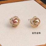 SHUX Earrings S925 Silver Needle Earrings Female Pearl Earrings Round Diamond Earrings Jewelry-Golden Beads