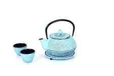 ECHTWERK Service à thé en fonte, théière 0,8 L avec passoire amovible, théière avec soucoupe, set de théières au design vintage pour la préparation de thé en vrac, bleu clair