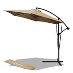 VOUNOT 3m Cantilever Garden Parasol, Banana Patio Umbrella with Crank Handle, Wind Protection Strap and Tilt for Outdoor Sun Shade, Khaki