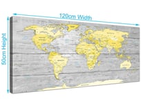 Large Yellow Grey Map of World Atlas Canvas Wall Art Print - 120cm Wide - 1305