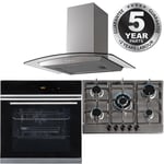 10 Function Single Fan Oven, 70cm 5 Burner Steel Gas Hob & Curved Cooker Hood