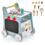DREAMADE Chariot de Marche en Bois Bébé 1+Ans,6 en 1 Trotteur Bébé avec Blocs & 9 Accessoires,Cube d'Activité Garçons Filles avec Jouet Thème de Cuisine (Bleu)