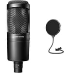 Audio-Technica 2020 Cardioid Condenser Microphone Black & Aokeo Professional Microphone Pop Filter Mask Shield For Blue Yeti and Any Other Microphone, Mic Dua