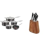 Bundle of Tefal Jamie Oliver Cook’s Classics Pots & Pans Set, 5 Pieces, Non-Stick, Oven-Safe, Induction, Glass Lids, H9125S44 + Kitchen Knives Set, 5 Pieces, Knife Block, Stainless Steel, K267S556