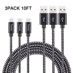 USB Type C Cable [3-Pack 10Ft] Premium Nylon USB-C to USB-A Fast Charging Type C Cable, for Samsung Galaxy S10 / S9 / S8 / Note 8, LG V20 / G5 / G6 and More(Black)