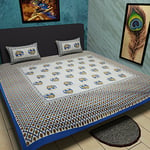 Traditional Mafia Ethnic Collection-100% Pure Printed Double King Size Bedsheet with 2 Pillow Covers, Cotton, Blue