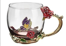 Enamels Glass Mug Butterfly Flower Clear Lead-Free Coffee Mugs Tea Cup Travel Mugs Elaborate Handle and Beautiful Spoon for Women Birthday Valentines Wedding Day Gifts (Red, Short)