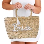 Ginger Ray Woven Rattan Bag with Rope 'Bride' Embellishment and White Tassel for Hen Parties or Honeymoon, Brown