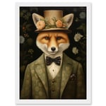 Fox in Floral Victorian Suit and Top Hat Surrealism Artwork Green Orange Woodland Gentleman Artwork Framed Wall Art Print A4