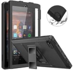 MoKo Case Fits Kindle Fire 7 Tablet (9th Generation, 2019 Release), Dual-layer Shell Full Body Rugged TPU + PC Stand Back Cover Built-in Screen Protector - Black