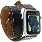 VENTA® Bracelet en cuir Twist pour Apple Watch 1/2/3/4/5 Compatible avec Apple Watch Bracelet de rechange en cuir véritable (42-44 mm/noir/DT-VA-RST1) + kit adaptateur argenté