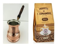 Greek Coffee Set -Handmade Greek Copper Coffee Maker Pot (4 Cup)+Greek Charalambous Gold Blend Coffee 200g
