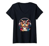 Womens Colorful Horned Owl Headphones Music V-Neck T-Shirt