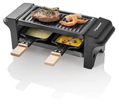 Bestron Appareil a raclette, Mini Grill pour 1 à 2 personnes, avec 2 poêlons et 2 spatules, avec revêtement antiadhésif, 350 Watts, couleur: noir/bois