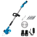 QUOP Grass Trimmer Cordless Home Lawn Mower 95-120CM Adjustable Telescopic Long Handle 90° Head pivots,With 3 types of blades & 2 rechargeable battery,Blue,12V