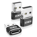 EDIESI, Adaptateur USB C vers USB, Pack 3, pour Chargement Rapide et synchronisation des données, Compatible iPhone 15/14/13, iPad, Galaxy, CarPlay, AirPods (Noir)