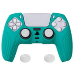 eXtremeRate PlayVital Samurai Edition Aqua Green Anti-slip Controller Silicone Skin for ps5, Ergonomic Soft Rubber Protective Case for ps5 Controller with White Thumb Stick Caps