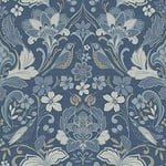 Arthouse Traditional Folk Floral Trail Denim Blue Birds Flowers Leaves Wallpaper