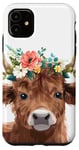 iPhone 11 Spring, Highland Cow | Elegant Scottish Highland Cow, Floral Case
