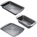 Circulon Momentum Non Stick Bakeware Set of 3 with Square Oven Tray, Deep Baking Tray & Loaf Tin - Grey Steel, Dishwasher Safe Baking Set