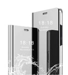 MLOTECH Compatible Case for Samsung Galaxy S10e, Flip Cover + Screen Protector, Clear View, Translucent Mirror, Standing Cover, Slim Fit, Anti-Scratch, Silver Cover