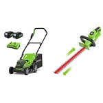 Greenworks Lwan Mower,2x24V Mower 36 cm Cutting Width with 40L Grass Catcher and 5-Fold Central Cutting Height Adjustment upto 250 m²+Hedge Trimmer with Rotating Handle+2x4Ah Battery+Dual Slot Charger