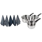 Penguin Home Morphy Richards Saucepans Sets With Lids, Stay Cool Handles Themocore Technology, Stainless Steel Pan Set, 3 Piece 100% Cotton Tea Towel Set of 5 - Stylish Navy Design - 65 x 45cm