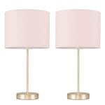 Pair of - Modern Standard Table Lamps in a Gold Metal Finish with a Pink Cylinder Shade - Complete with 4w LED Candle Bulbs [3000K Warm White]