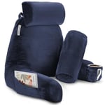 New & Improved Reading Pillow, Large Bed Rest Pillow with Arms + 2 Detachable Pillows - Shredded Memory Foam TV Pillow, Neck Roll & Lumbar Support Pillow - Set of 3 - Navy