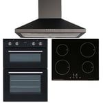 SIA 60cm Black Built-in Double Oven, 4 Zone Induction Hob & Chimney Cooker Hood
