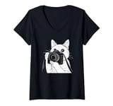 Womens Cat With Camera Photographer Funny Cute Kawaii Photography V-Neck T-Shirt