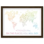 World Travel Landmark Line Map Oh The Places You Will Go! Rainbow White Artwork Framed Wall Art Print A4