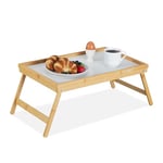 Relaxdays Plateau de Lit petite table de petit-déjeuner en bambou plateau de service pieds pliants pliables en bois avec tablette en plastique HxlxP : 23,5 x 50 x 31 cm, nature 1 pièce