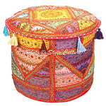 Stylo Culture Pouffe Seat Bean Bag Ottoman Pouffe Large Cover Multi Color Embroidered Mirror Indian Patchwork Cotton Traditional Round Fabric Pouf Ottoman Cover (22x22x13 Inch) 55cm (COVER ONLY)